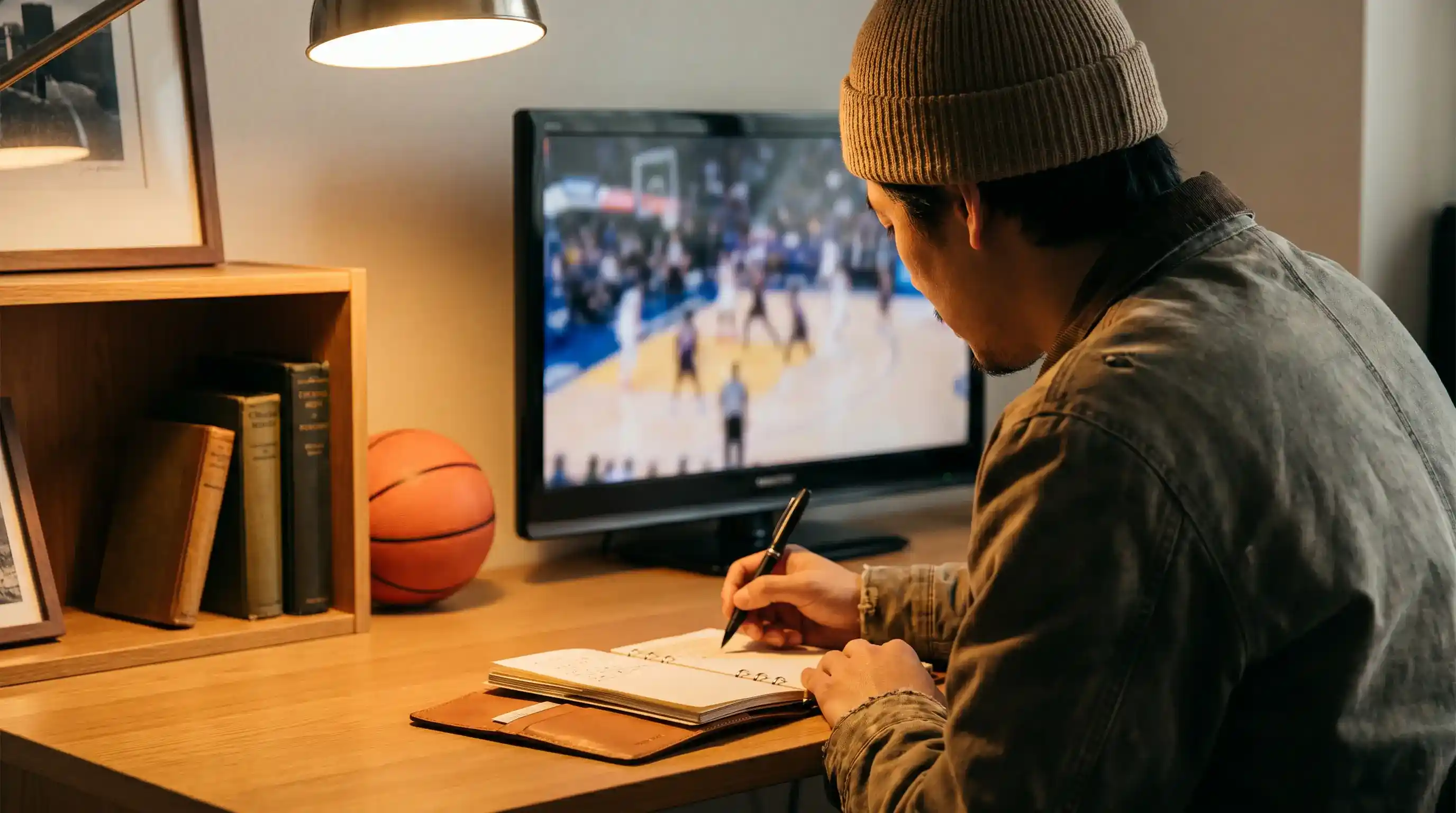 Persona vista di spalle alla scrivania mentre studia una partita di basket prendendo appunti
