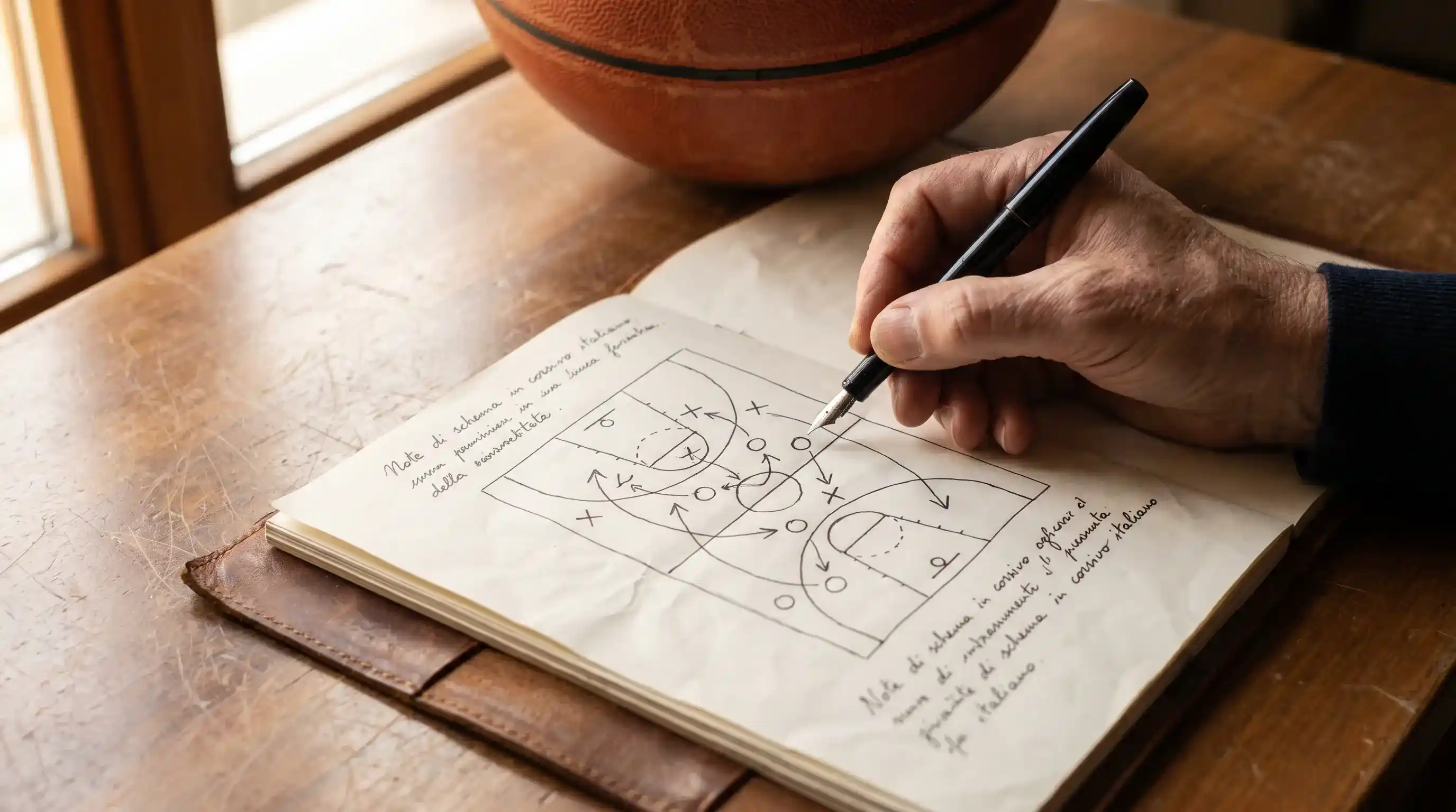 Taccuino aperto con appunti e schema tattico di un campo da basket accanto a un pallone
