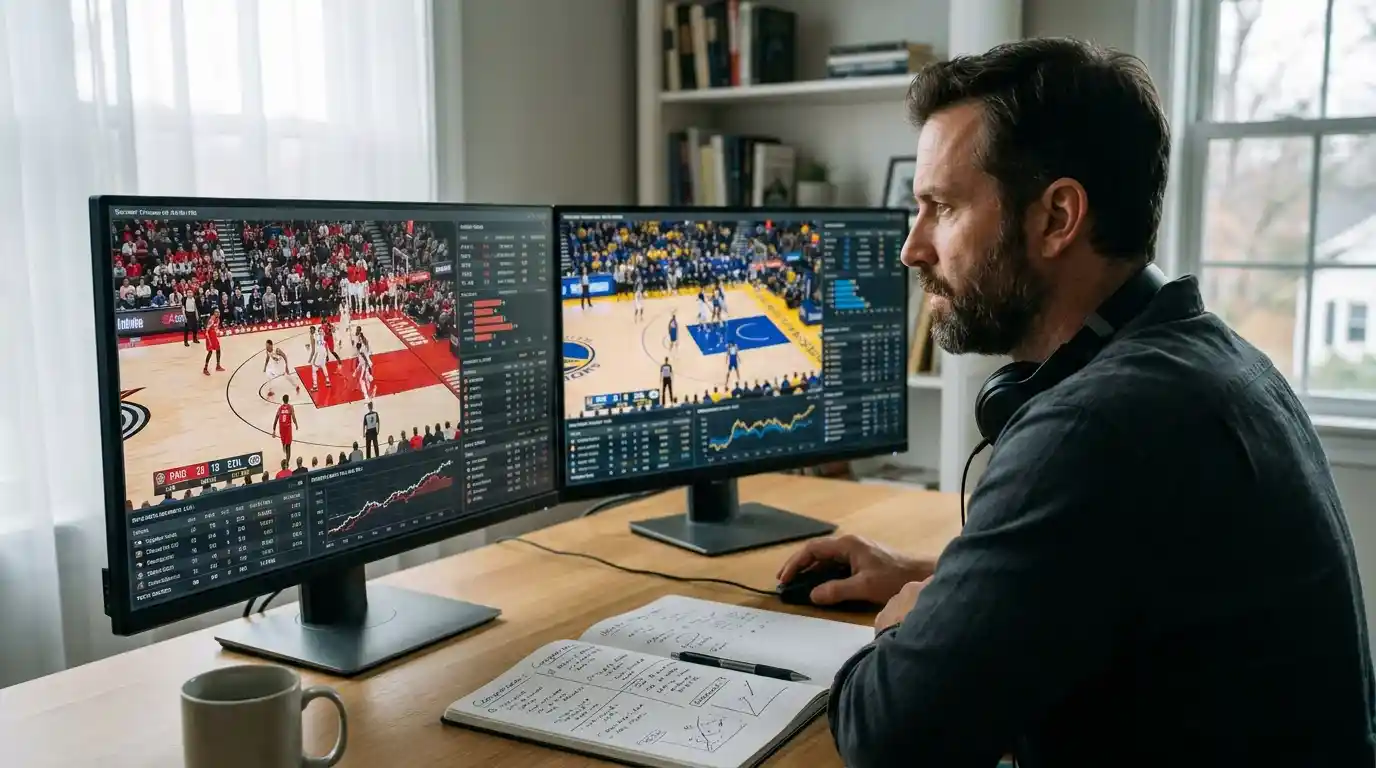Scrivania dell'analista con doppio schermo a confronto di partite NBA ed Eurolega