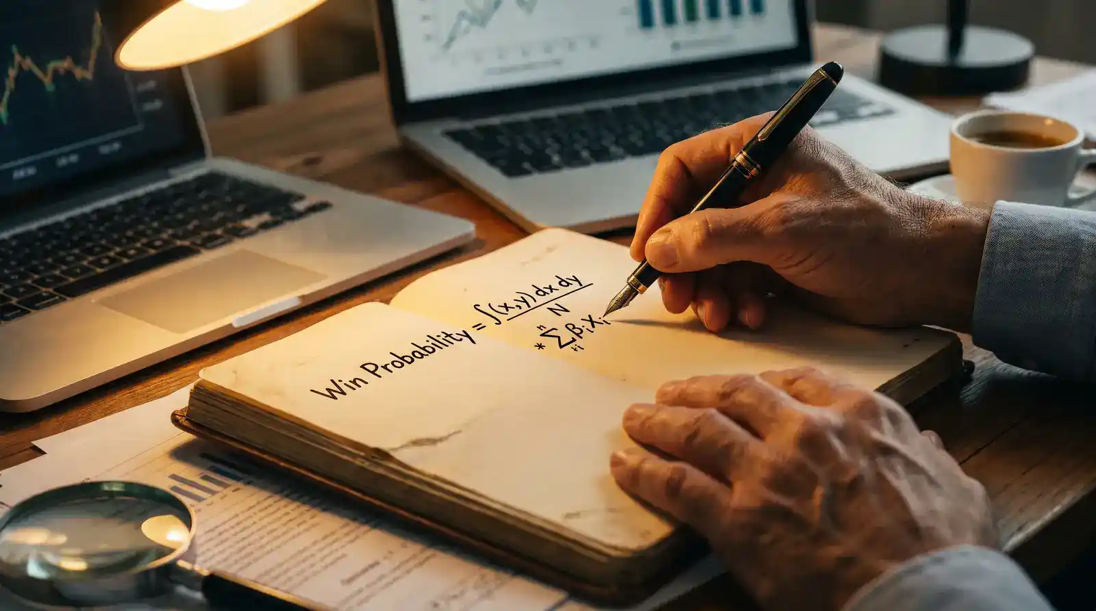 Analista al lavoro con quaderno e formula matematica scritta a mano