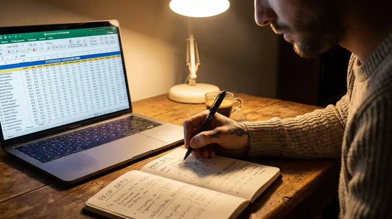 Analista al laptop con tabelle individuali di un giocatore NBA