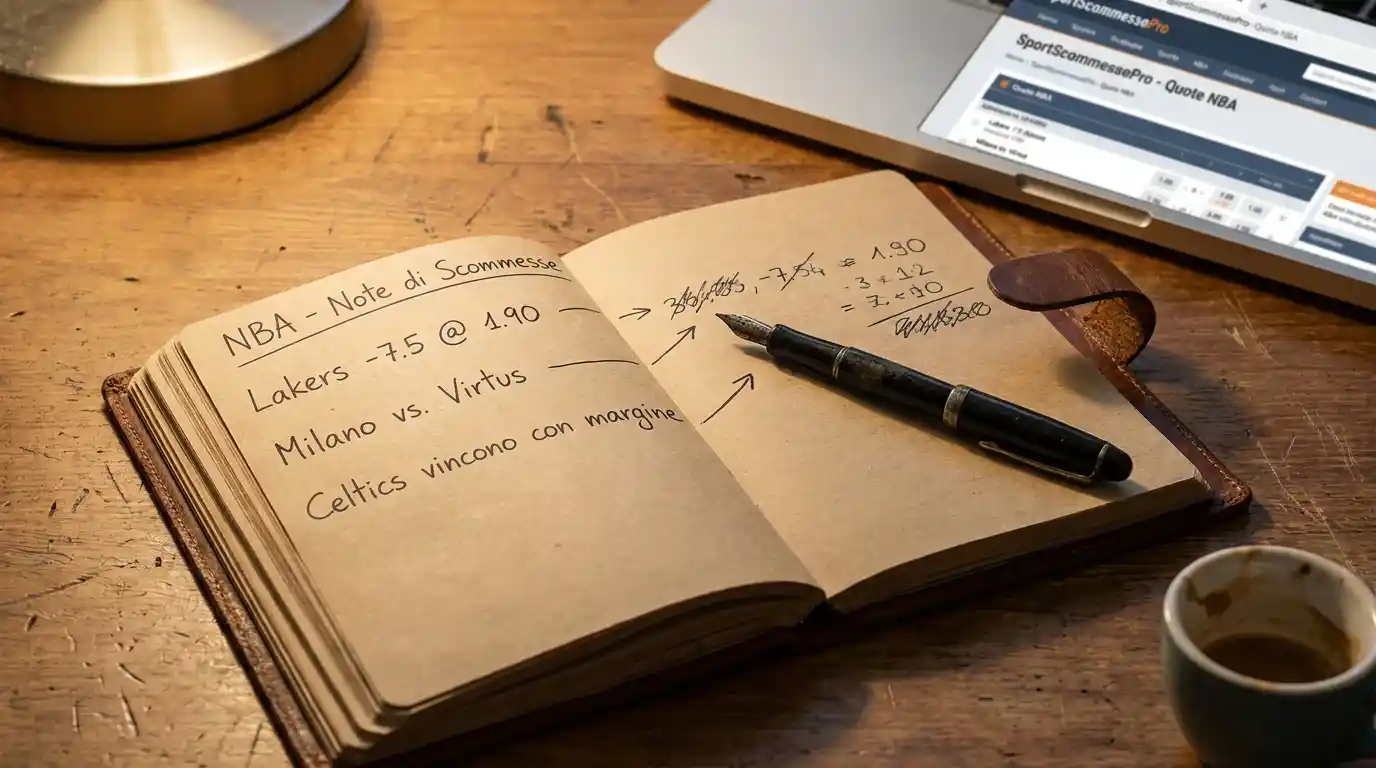 Quaderno di appunti aperto con annotazioni sulle quote di Olimpia Milano