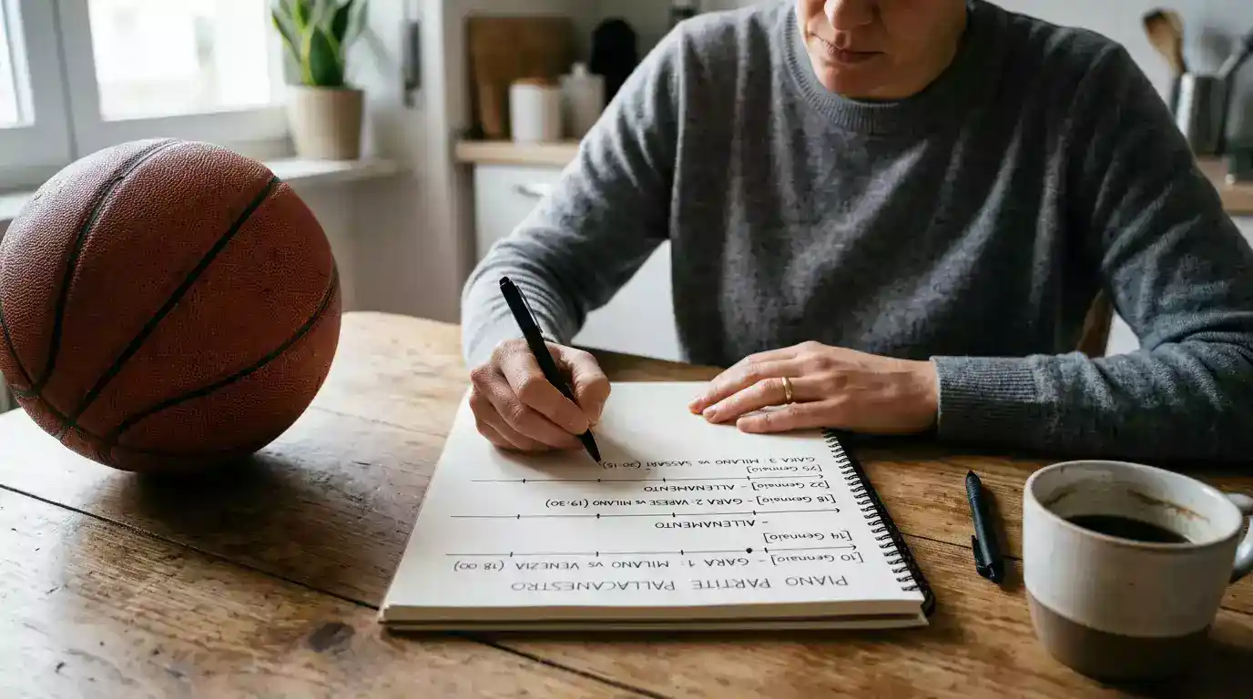 Persona pensierosa scrive un piano settimanale su un quaderno con pallone da pallacanestro appoggiato sul tavolo
