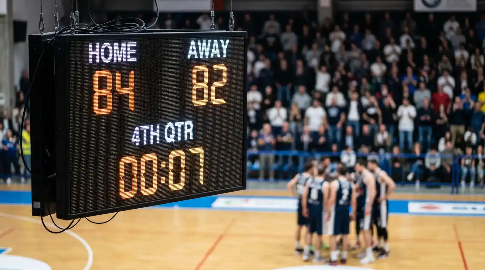 Tabellone luminoso di un palazzetto con punteggio finale ravvicinato tra due squadre di pallacanestro