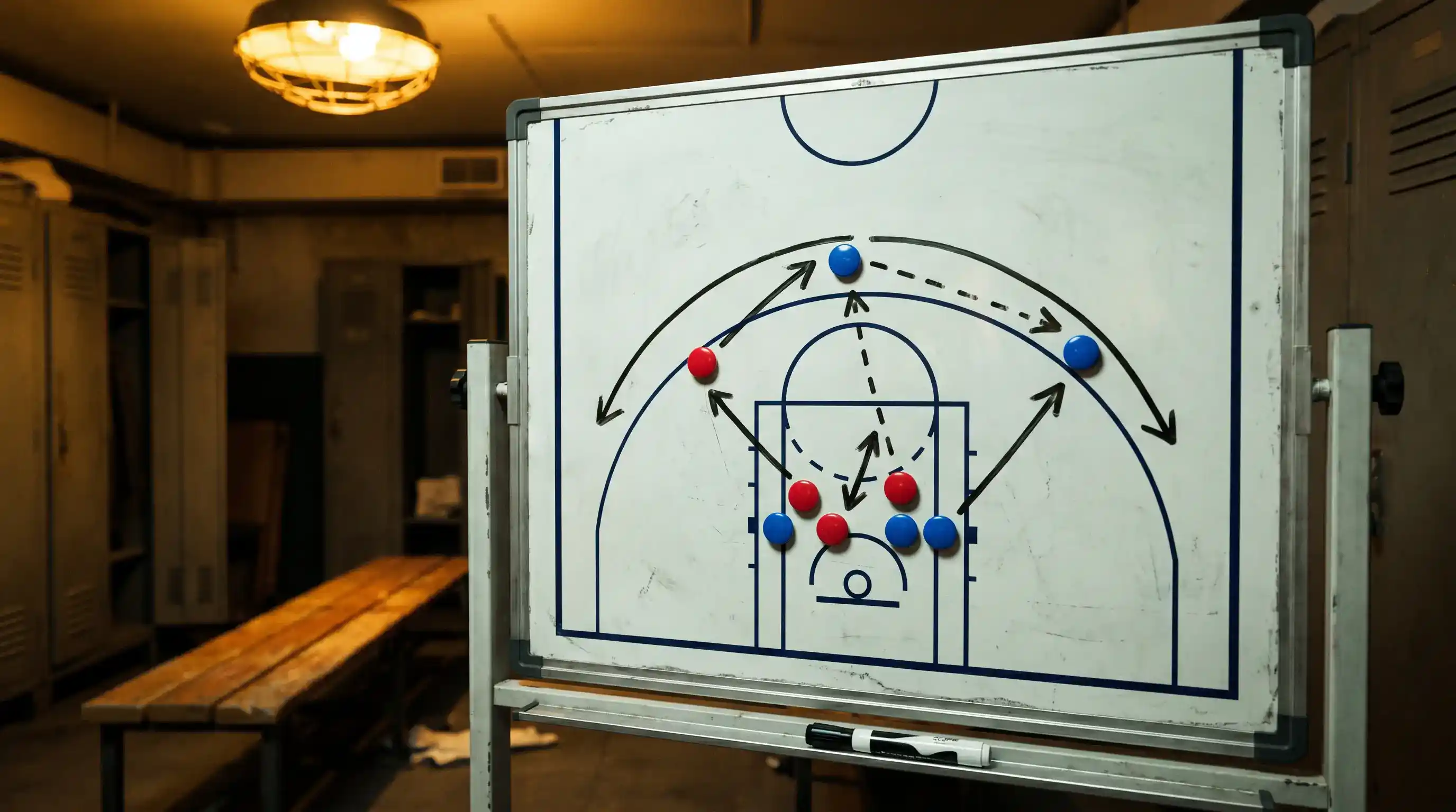 Lavagna tattica magnetica con schema di gioco disegnato a pennarello per una azione di attacco di pallacanestro