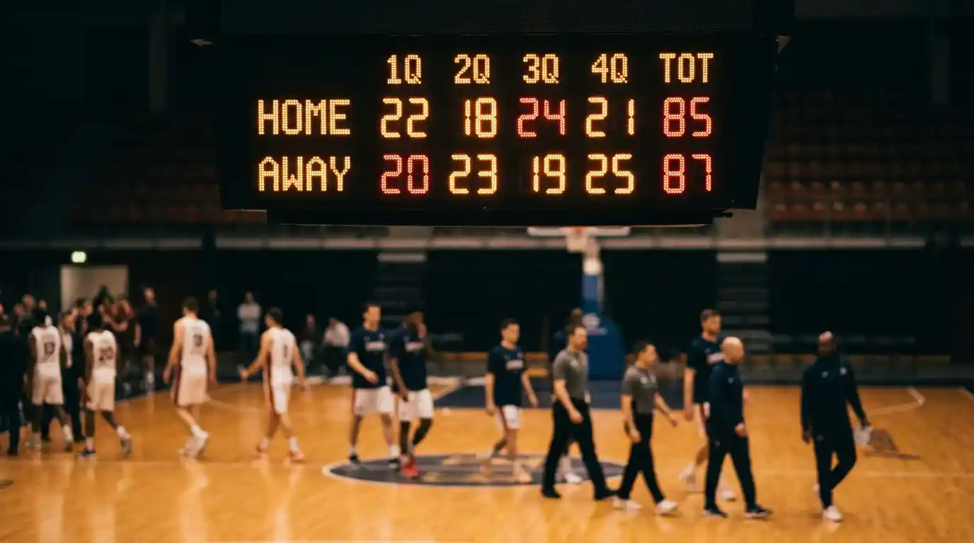 Tabellone segna-quarti di una partita di pallacanestro con punteggi parziali per ciascun periodo