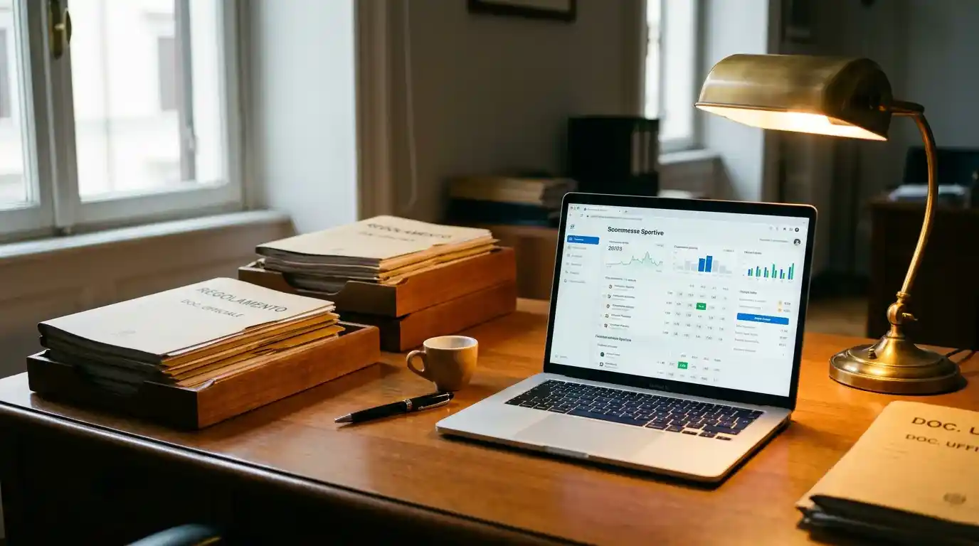 Scrivania ordinata con documenti normativi e laptop dedicati al settore del betting basket