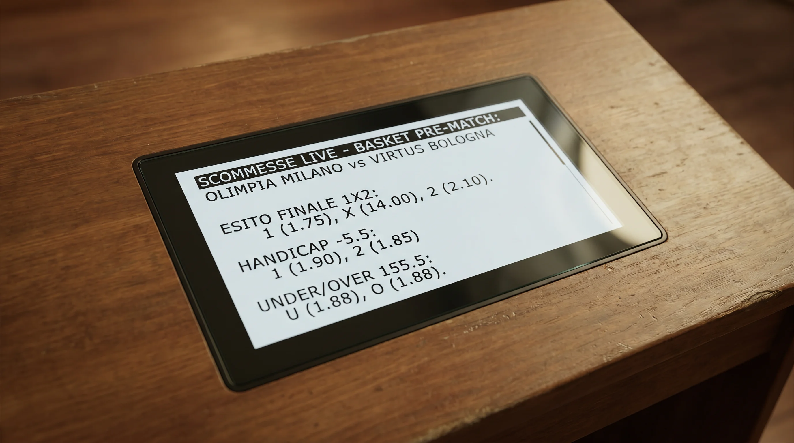 Schermo del terminale con quote pre-match di una partita back-to-back NBA