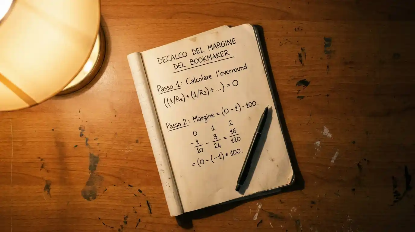 Block notes con il procedimento per calcolare il margine di un bookmaker