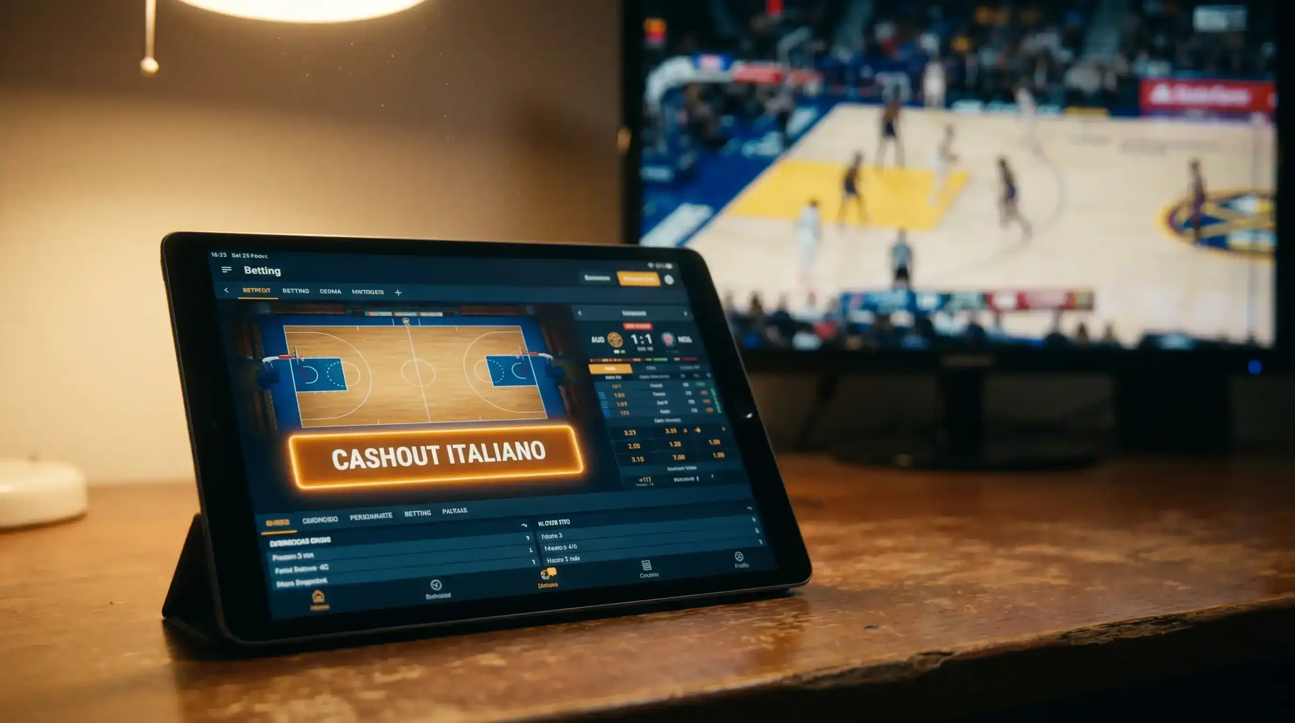 Schermo di terminale con bottone di cashout evidenziato durante una partita di basket