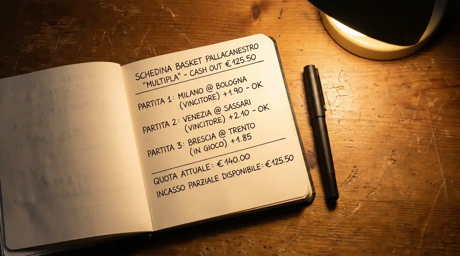 Block notes con esempio di cashout su scommessa multipla basket