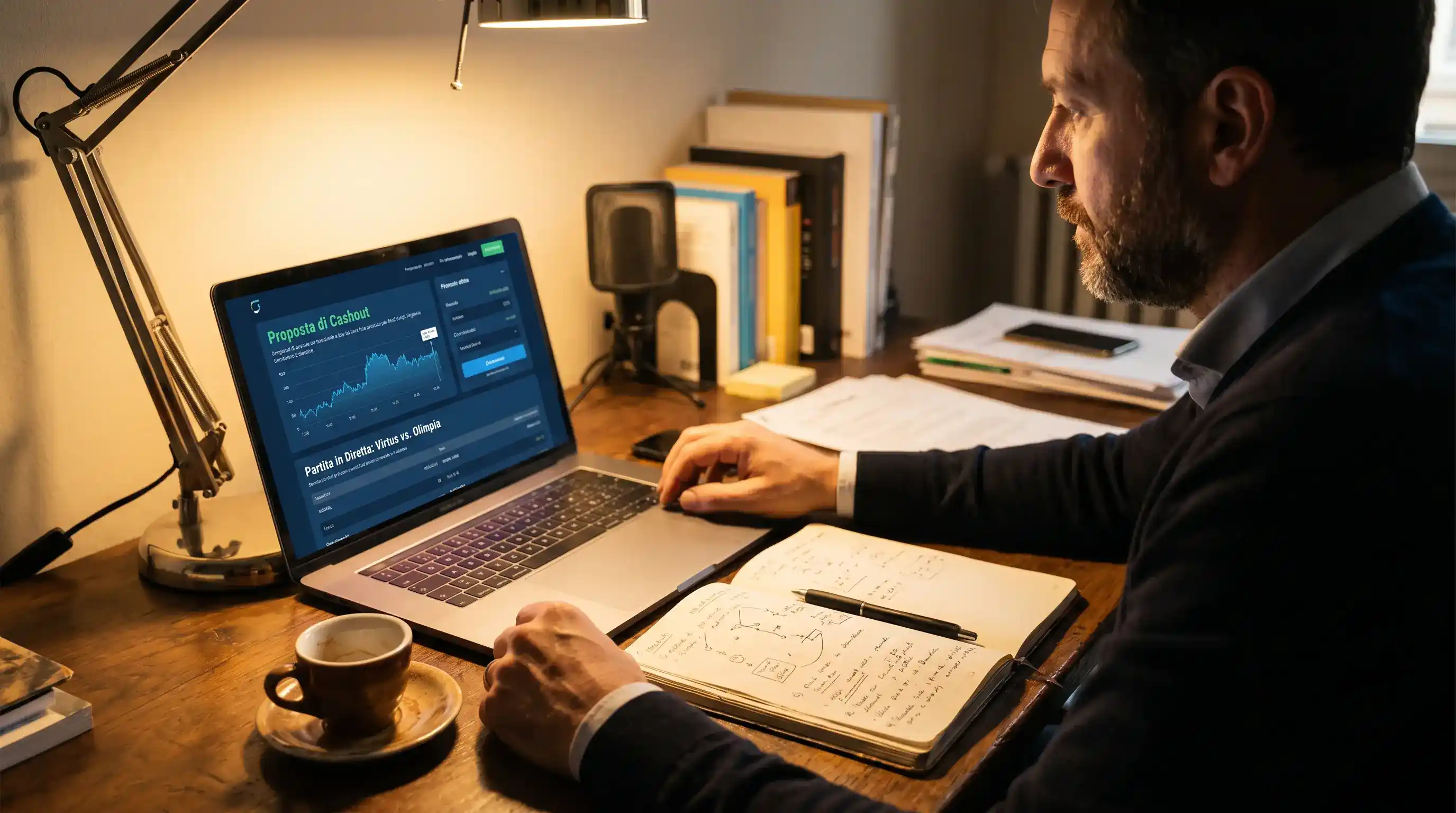 Analista al laptop con schermo che mostra una proposta di cashout