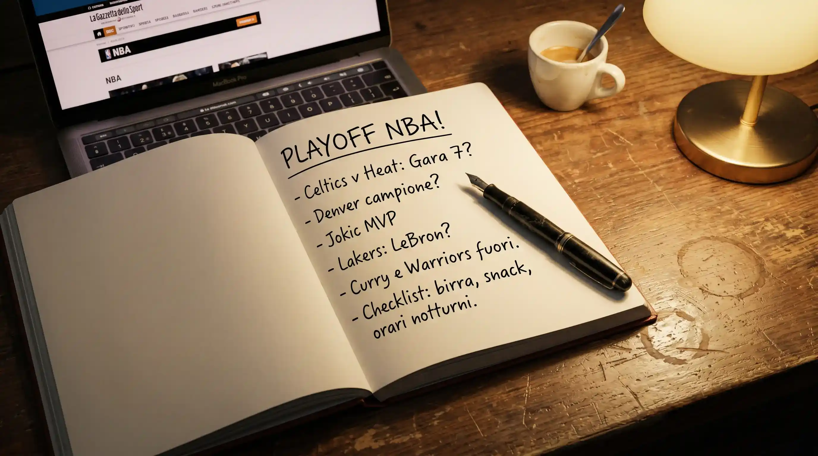 Quaderno dell'analista con checklist scritta a mano per i playoff NBA
