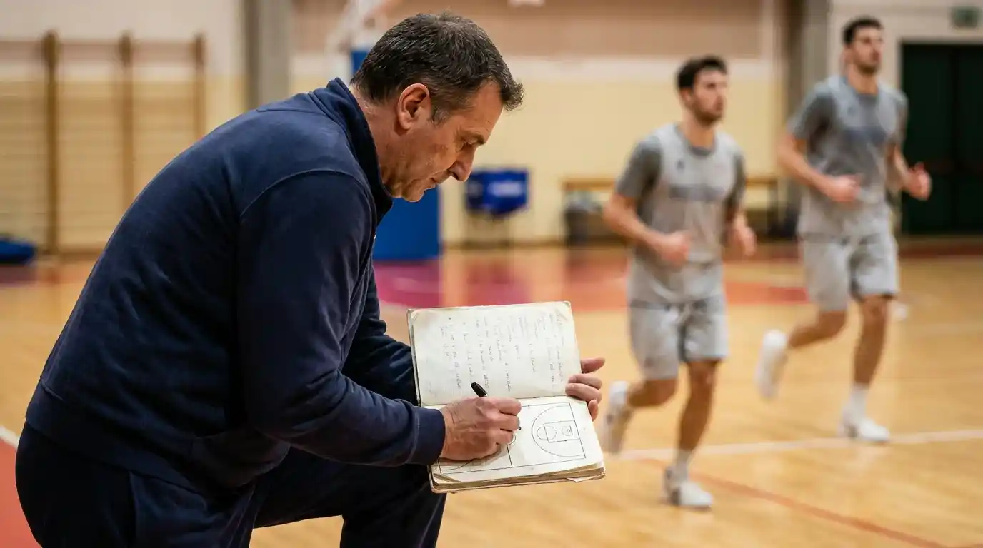 Allenatore di pallacanestro consulta un quaderno con appunti tattici durante un allenamento di squadra in palestra