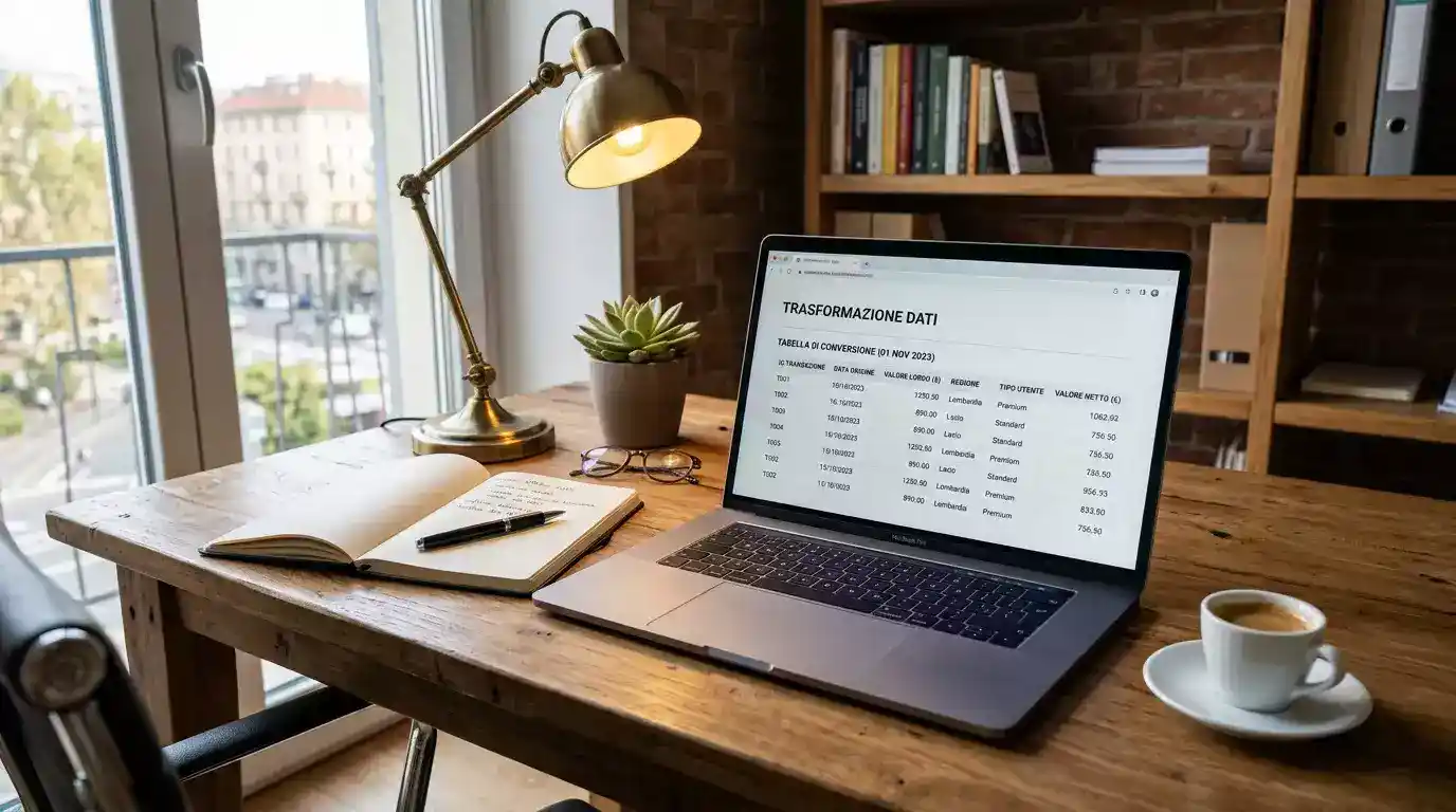 Scrivania ordinata con laptop e block notes per la routine quotidiana di calcolo