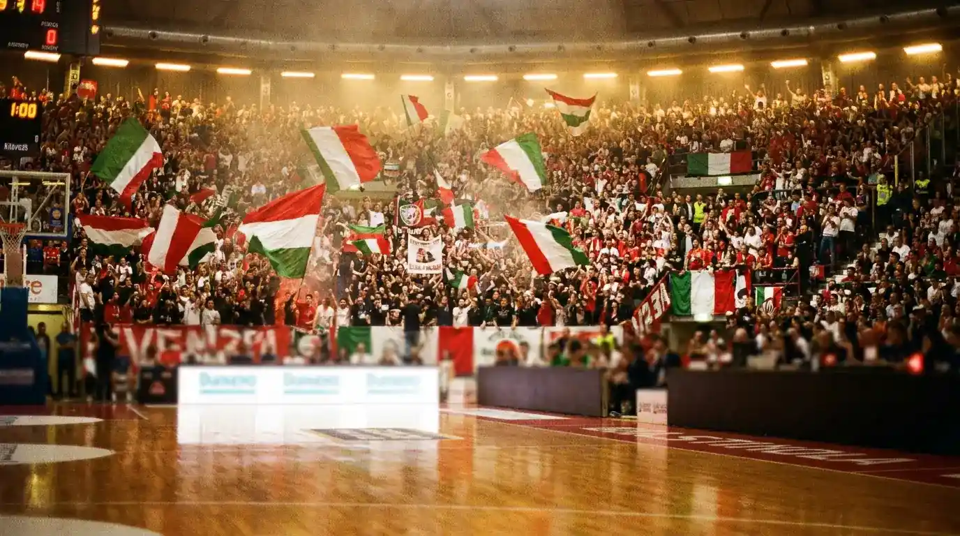 Settore di tifoseria di un palazzetto durante una partita di basket
