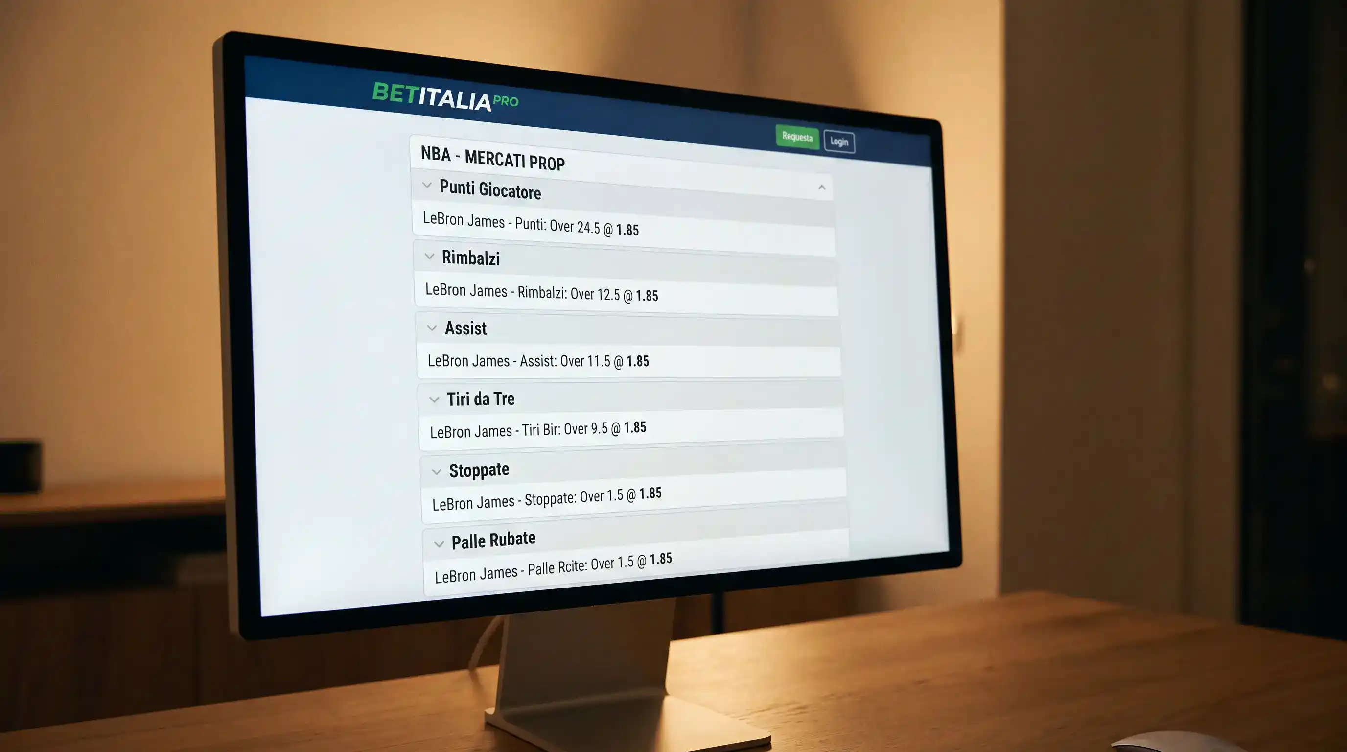 Tabellone con elenco delle prop bet disponibili su una partita NBA