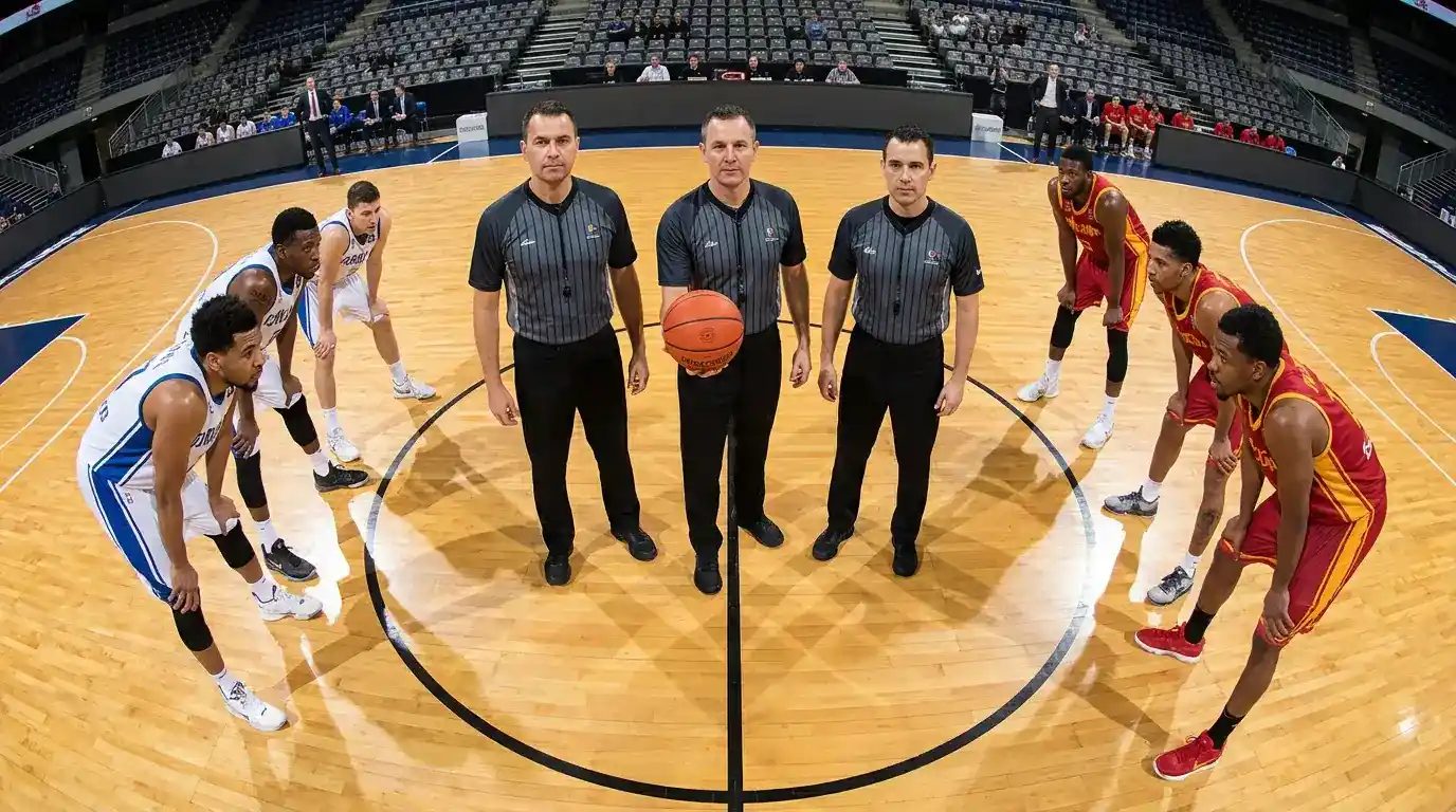 Arbitri al centro del campo prima del salto a due tra due squadre