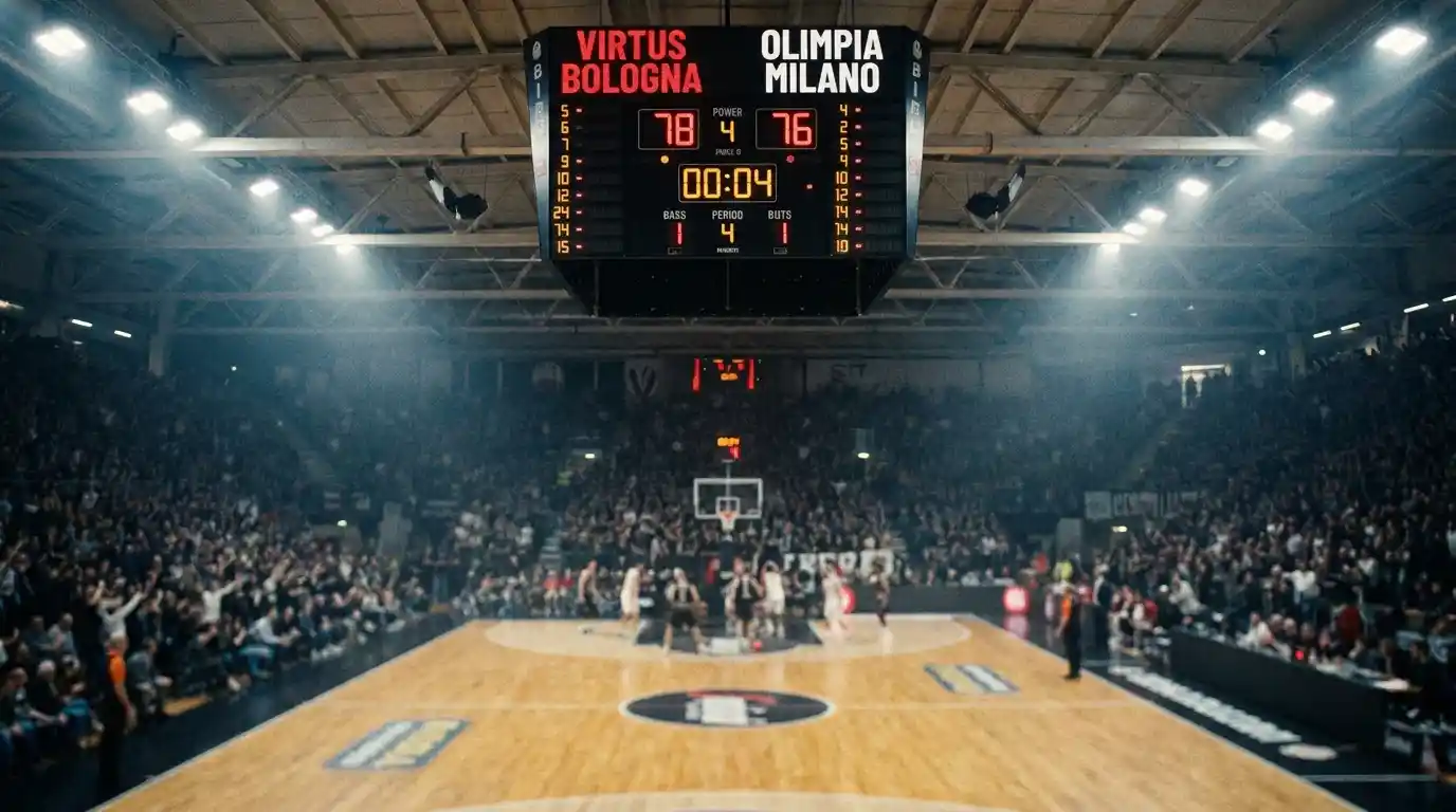 Schermo che mostra il match-up tra Virtus Bologna e Olimpia Milano in primo piano
