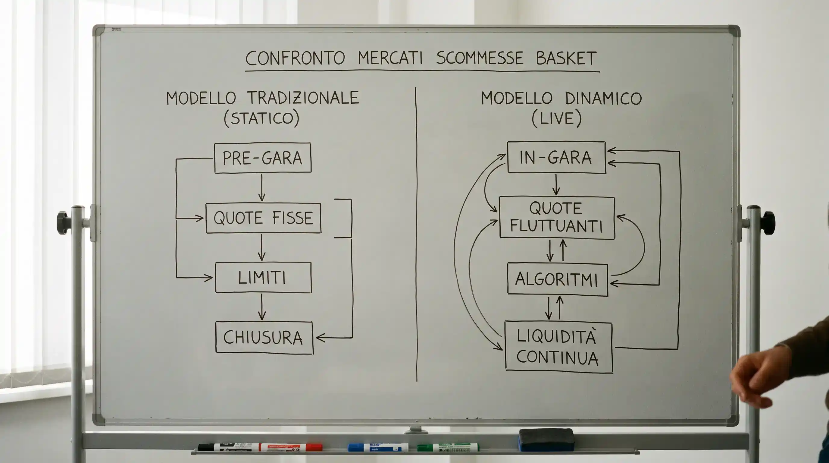 Schema disegnato a mano su lavagna che confronta i mercati di Eurolega