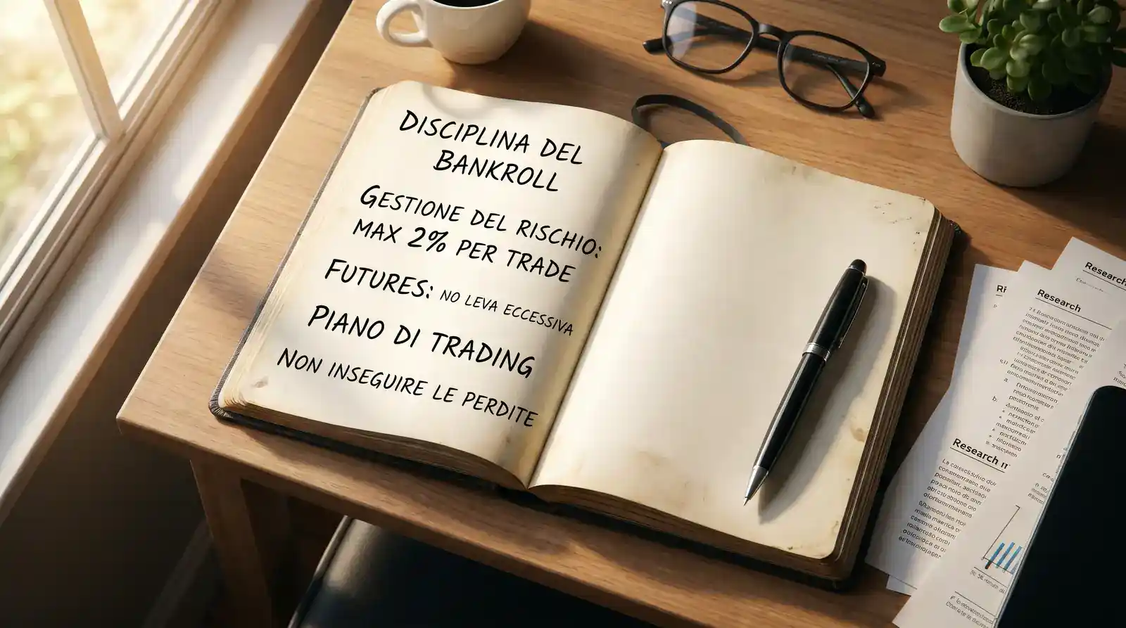 Quaderno con appunti scritti a mano sulla disciplina di bankroll antepost
