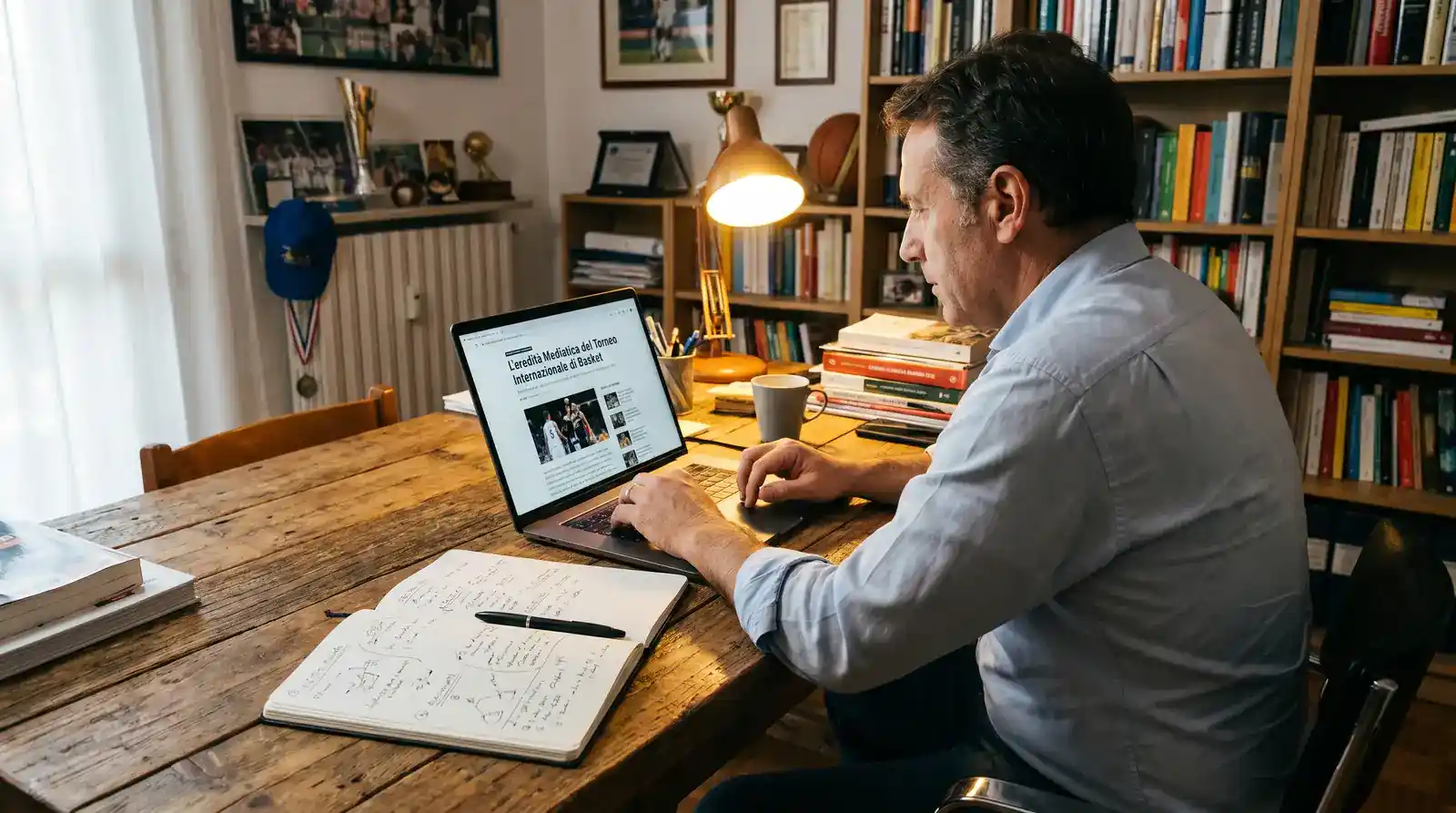 Analista al laptop che studia l'eredità mediatica di EuroBasket verso il 2027