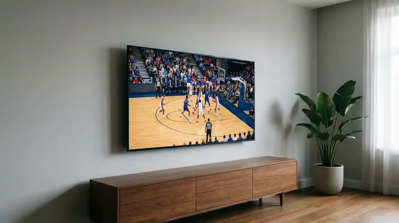 Schermo televisivo con copertura di una partita dell'estate 2025 di EuroBasket