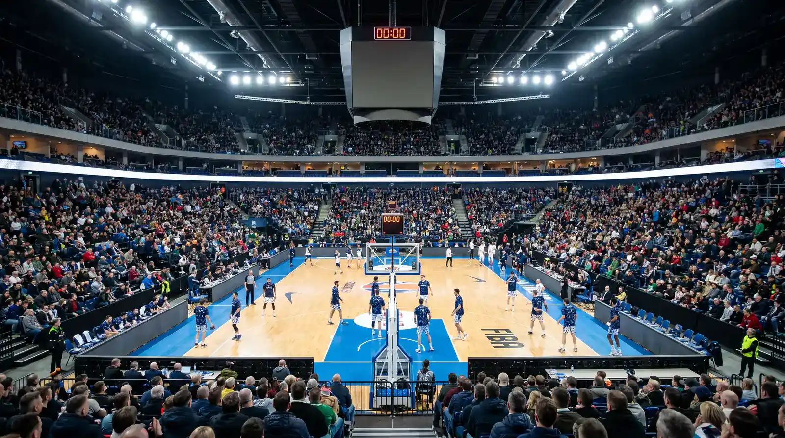 Vista dall'alto del parquet di un palazzetto di Eurolega con linee di gioco illuminate prima del salto a due