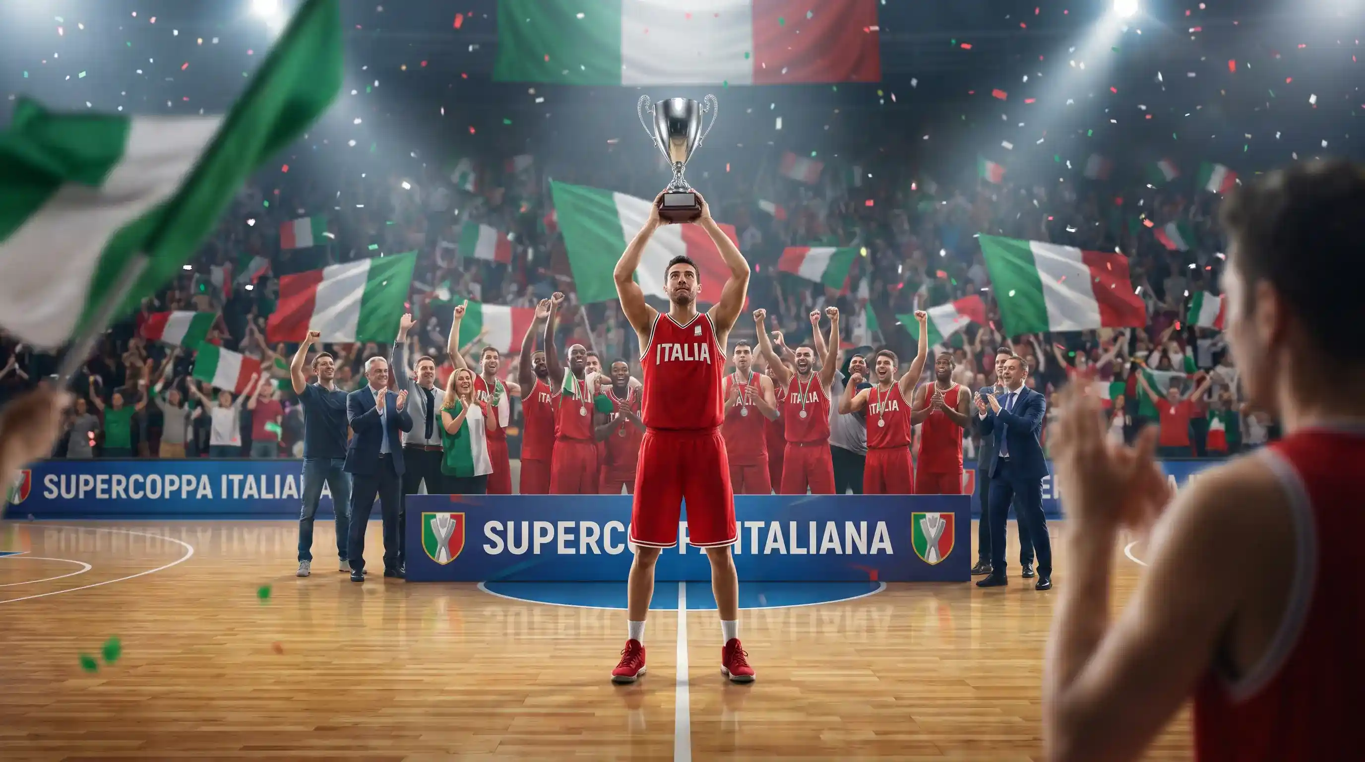 Cerimonia di premiazione della Supercoppa italiana di basket sul parquet