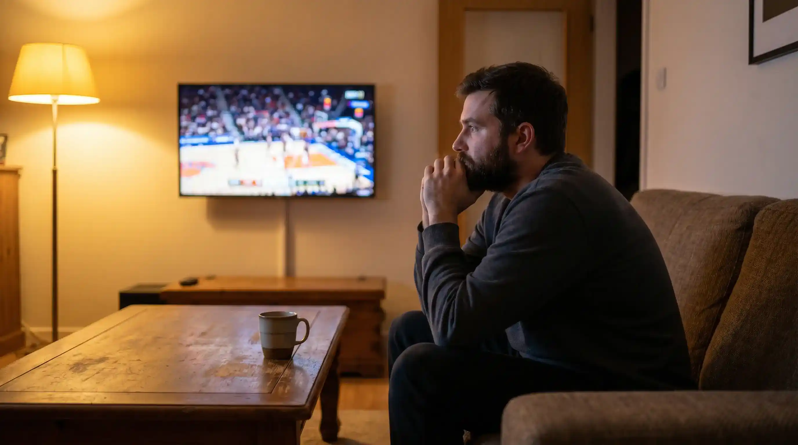 Uomo seduto sul divano osserva pensieroso una partita di pallacanestro alla televisione con espressione concentrata