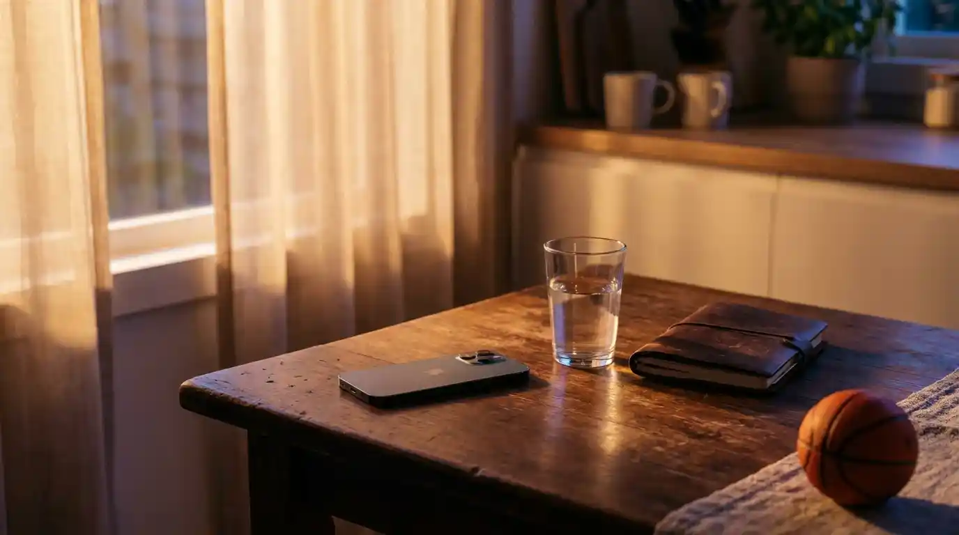 Smartphone capovolto su un tavolo di legno accanto a un bicchiere d'acqua e a un taccuino chiuso