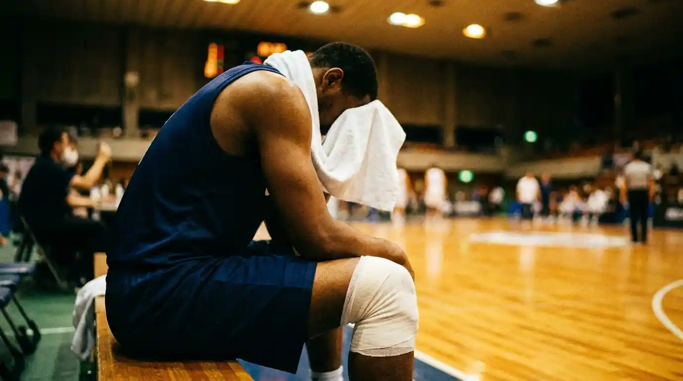 Giocatore di basket seduto in panchina con fasciatura su un ginocchio