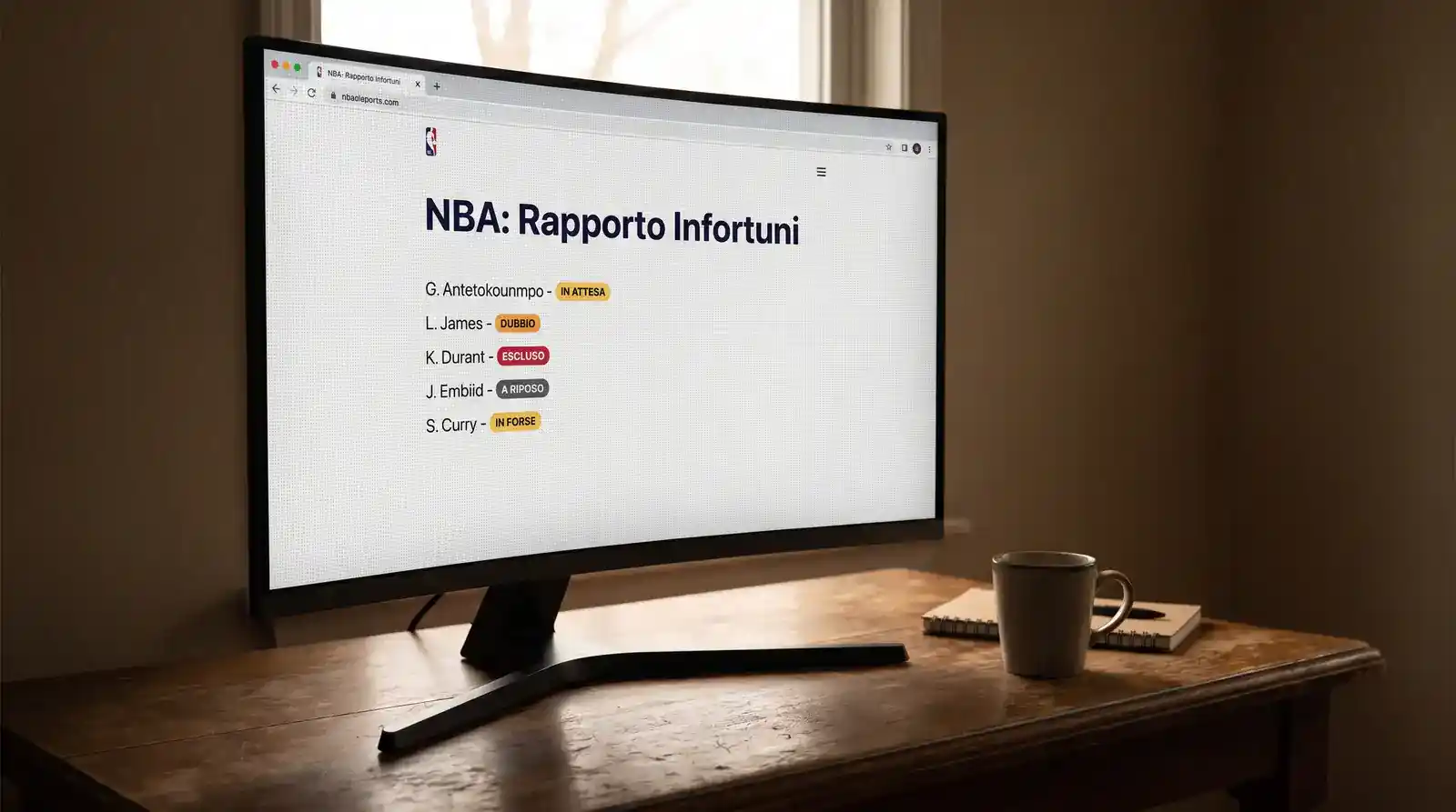 Schermo che mostra un injury report ufficiale NBA con stato del giocatore