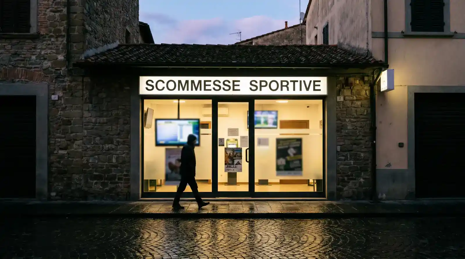 Esterno di un punto scommesse italiano con insegna luminosa visibile in via cittadina al tramonto