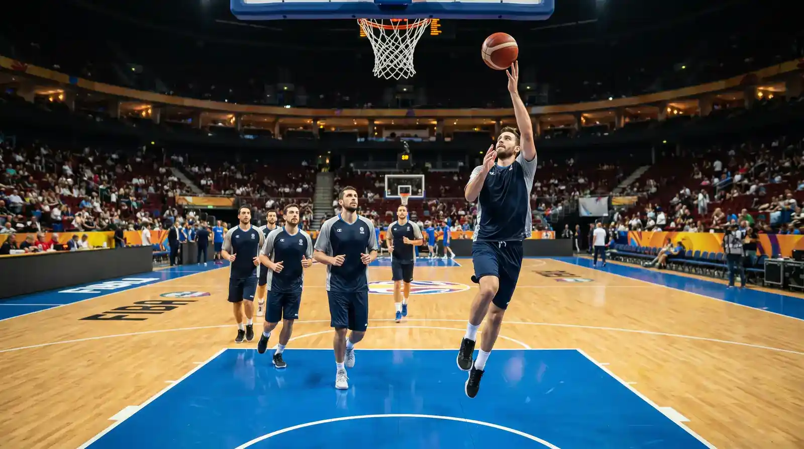 Giocatori di una squadra italiana in maglia da Eurolega durante il riscaldamento sotto canestro prima della partita