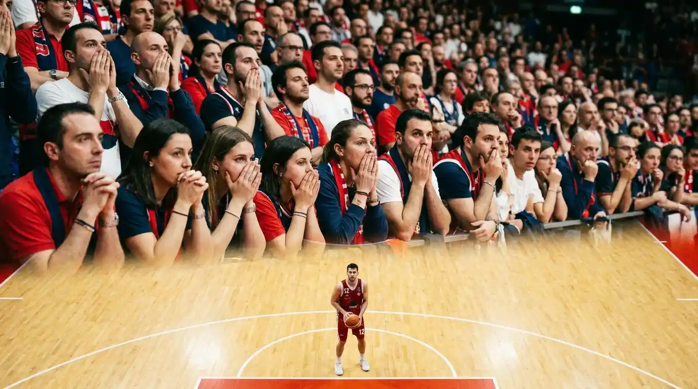 Pubblico in tensione durante un possesso decisivo nei playoff della Serie A LBA con palazzetto sold out