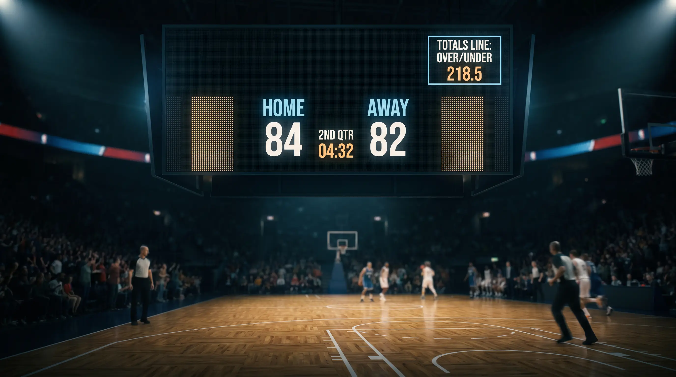 Tabellone luminoso con la linea totale Over/Under per una partita NBA