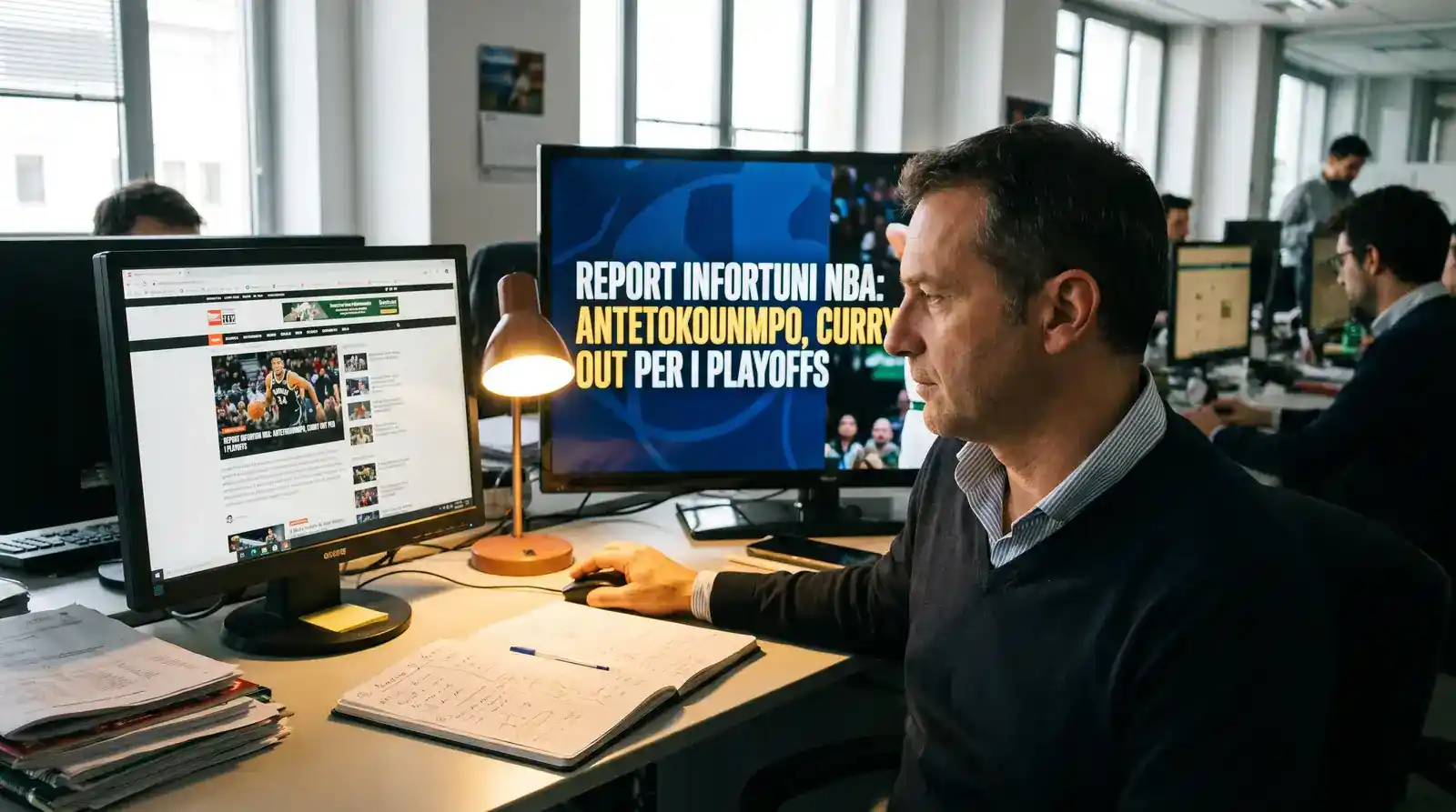 Schermo di redazione con notizia di infortunio NBA in evidenza