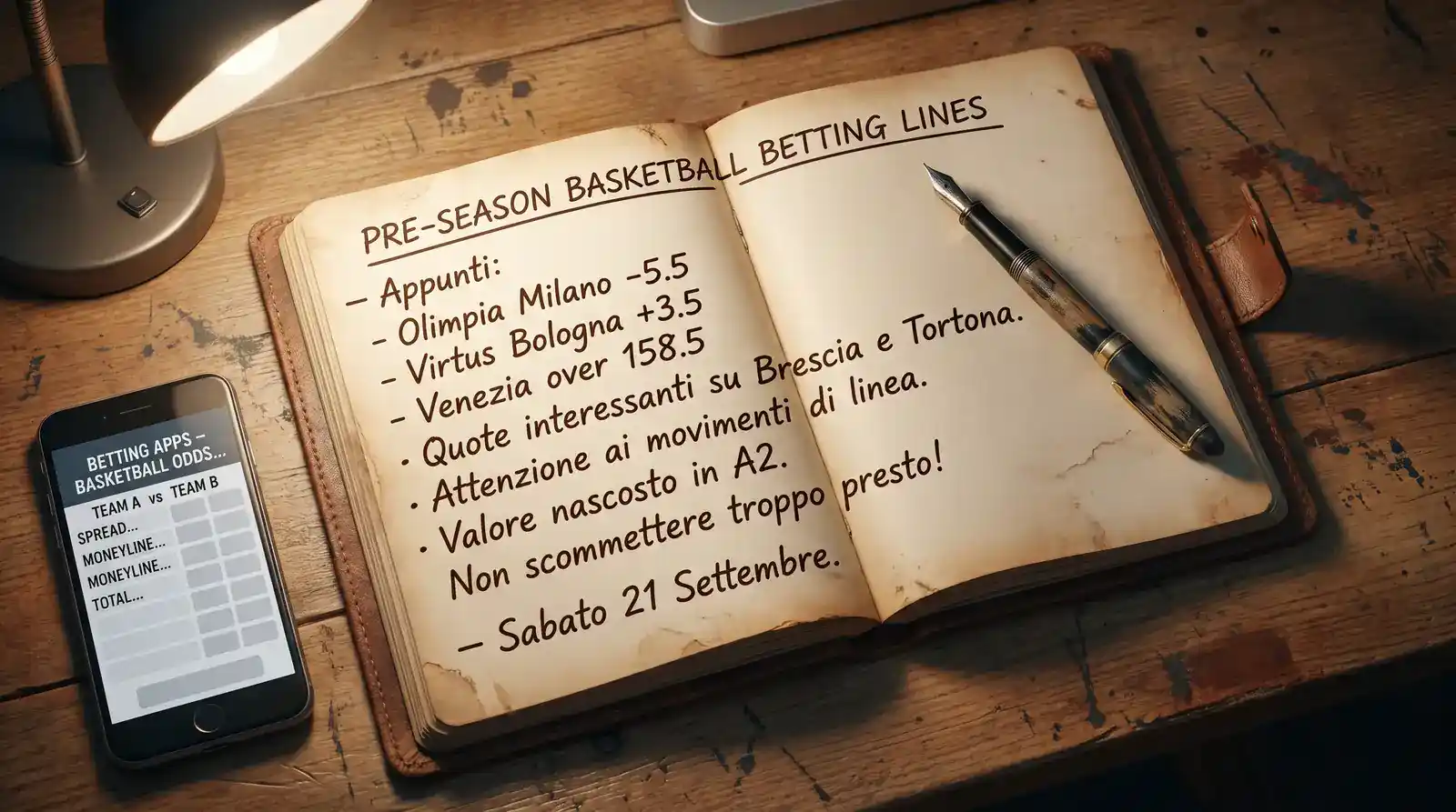 Quaderno aperto con annotazioni sulle linee di scommessa pre-stagione di Eurolega