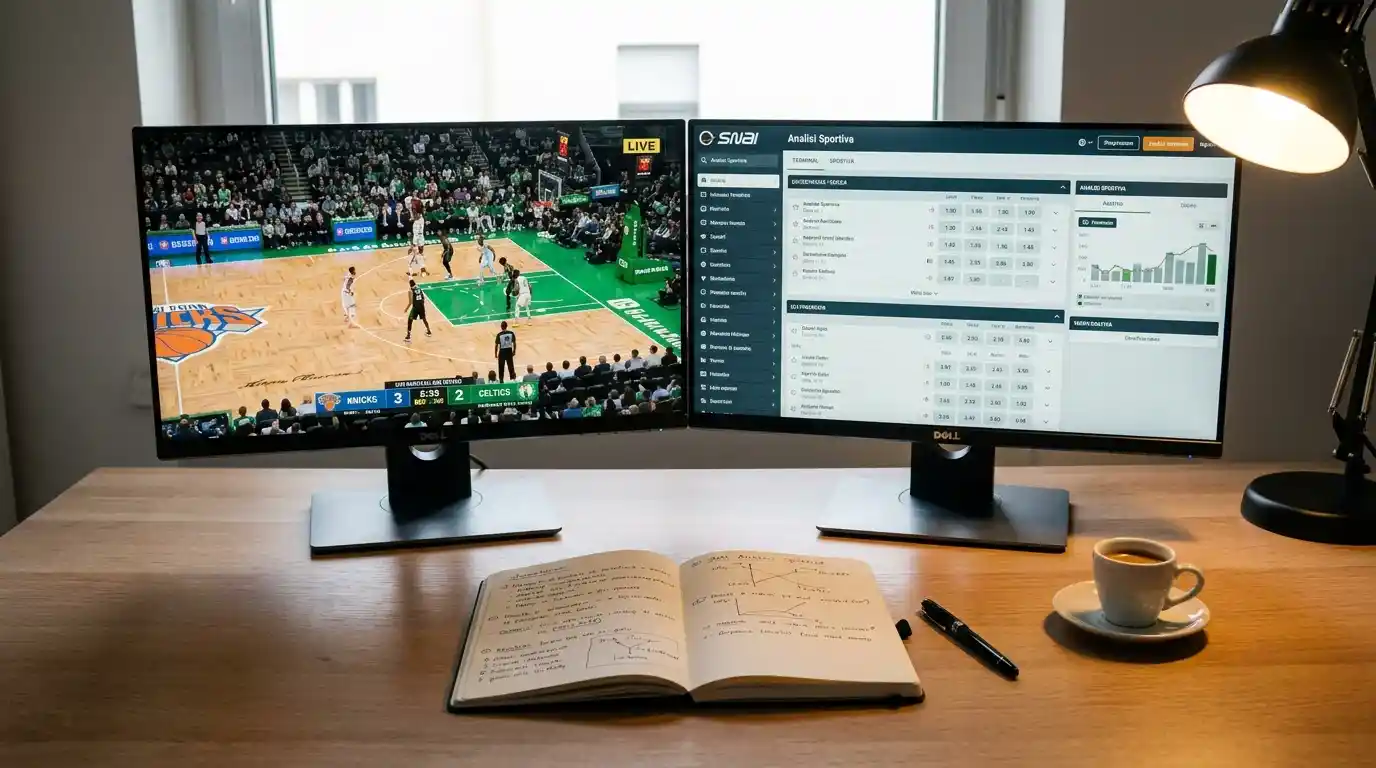 Scrivania con doppio schermo per il monitoraggio live del basket