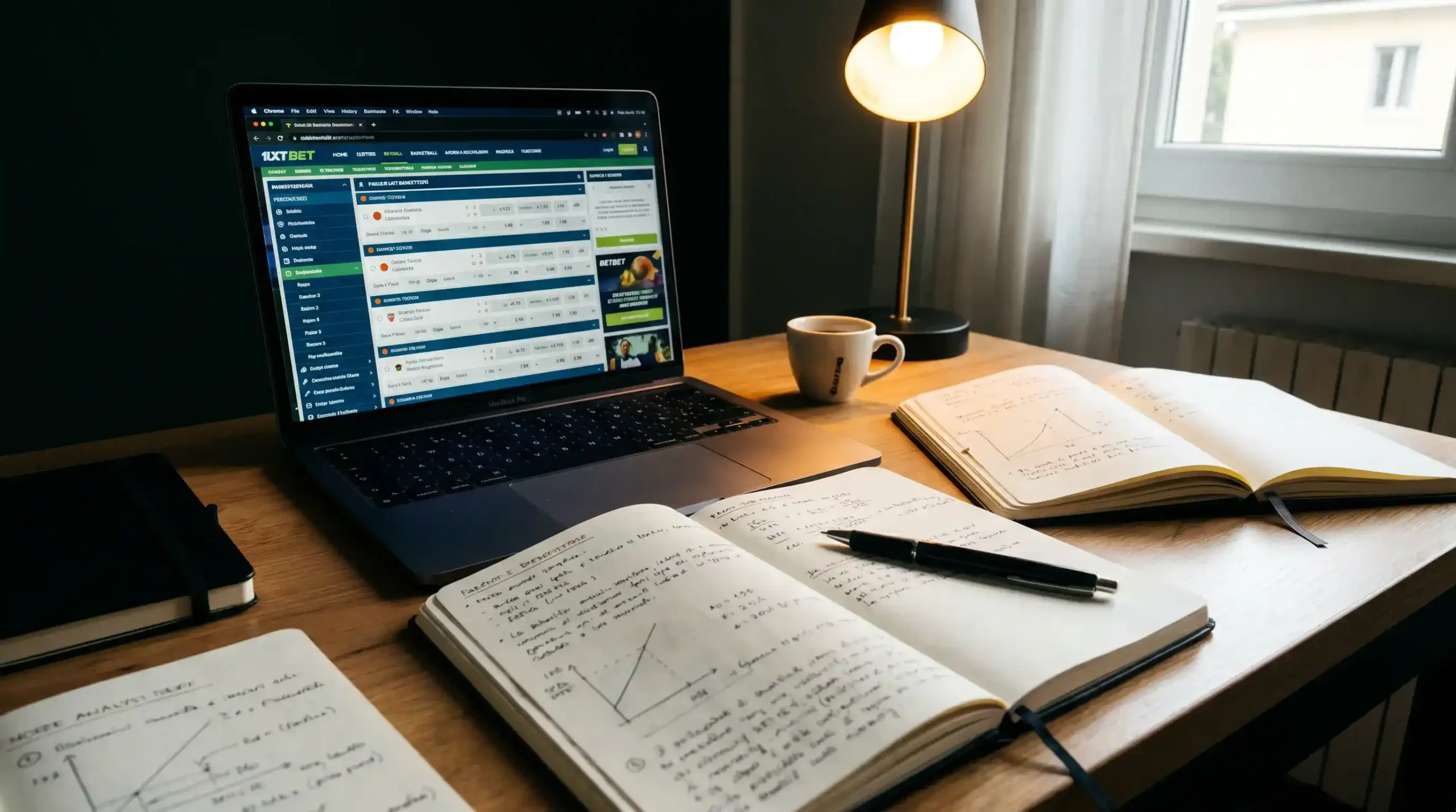 Scrivania dell'analista con quaderni e laptop dedicati allo studio dei margini bookmaker