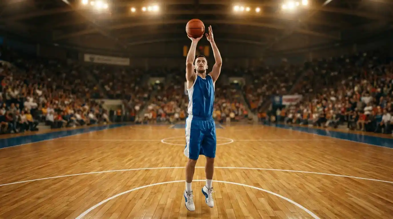 Giocatore di pallacanestro in azione di tiro durante una partita serale in un palazzetto italiano