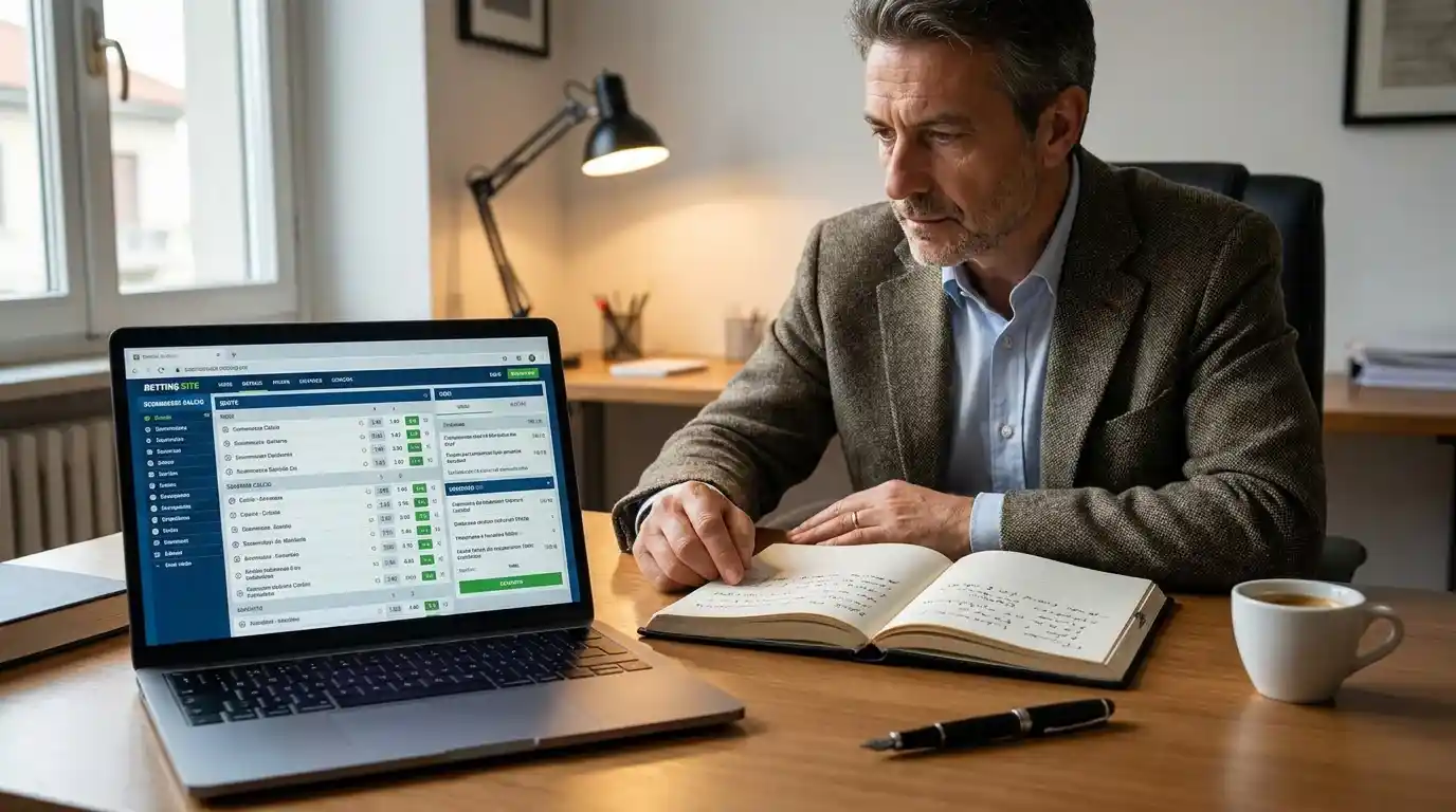 Analista al laptop con scheda del mercato testa a testa aperta