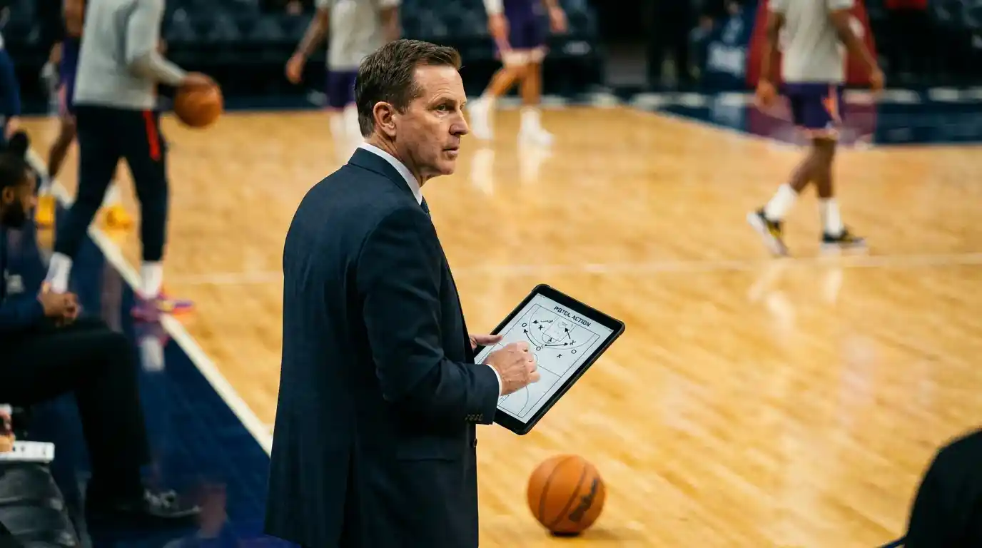 Coach NBA con tablet che pianifica i minutaggi della rotazione