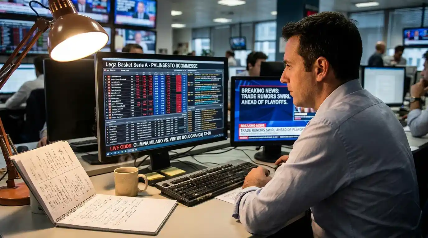 Schermo di redazione con line move pre-partita NBA in evidenza
