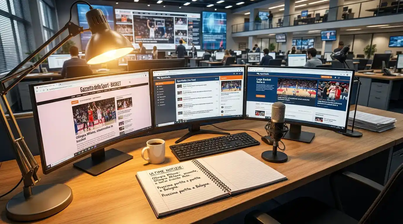 Redazione sportiva con monitor dedicati alle notizie su NBA Europe