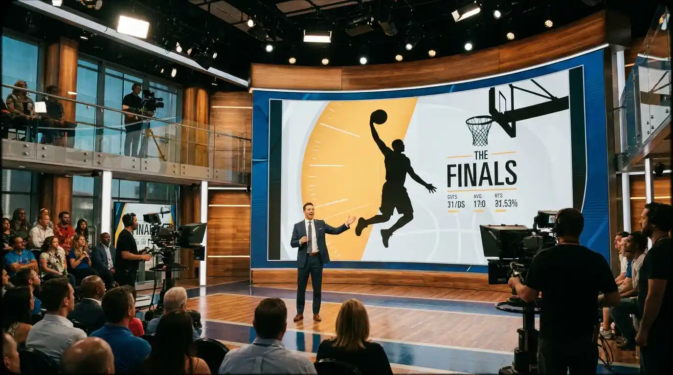 Schermo di una trasmissione sportiva con focus su un candidato MVP NBA