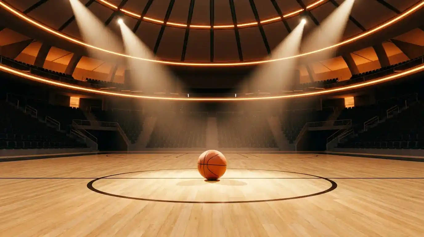 Pallone da basket al centro di un parquet di un'arena moderna con luci sceniche sopra