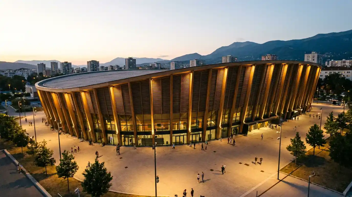 Esterno di un'arena europea designata per le partite di NBA Europe