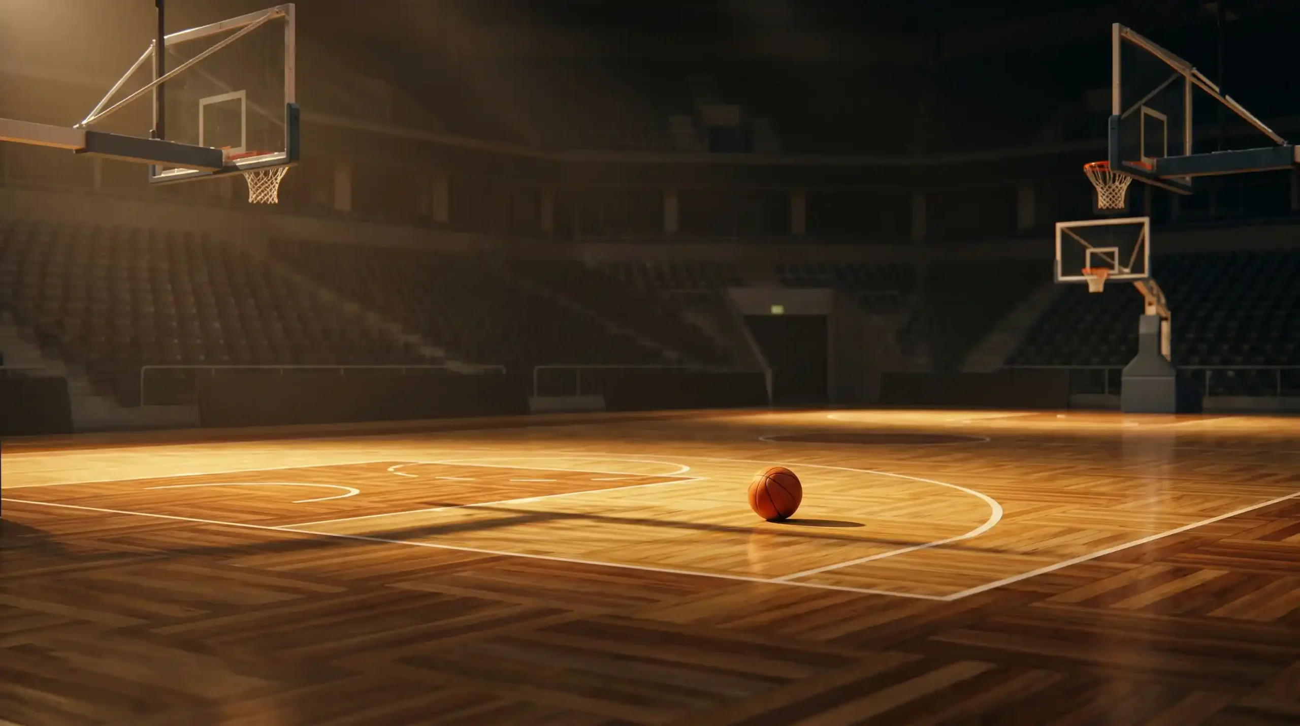 Pallone da basket NBA su parquet illuminato con vista panoramica di un'arena europea